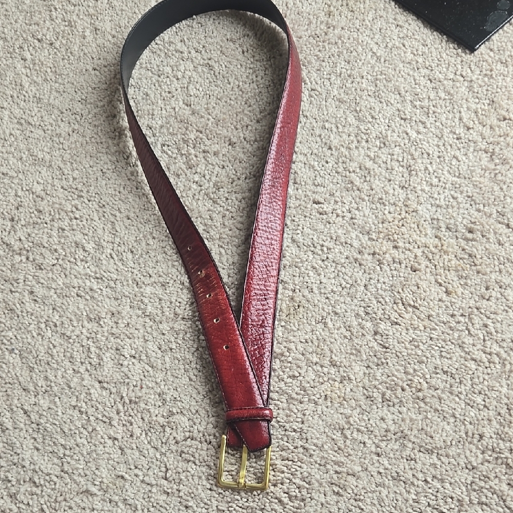Vintage Lands End Red Leather Belt with Gold Buckle Size:34